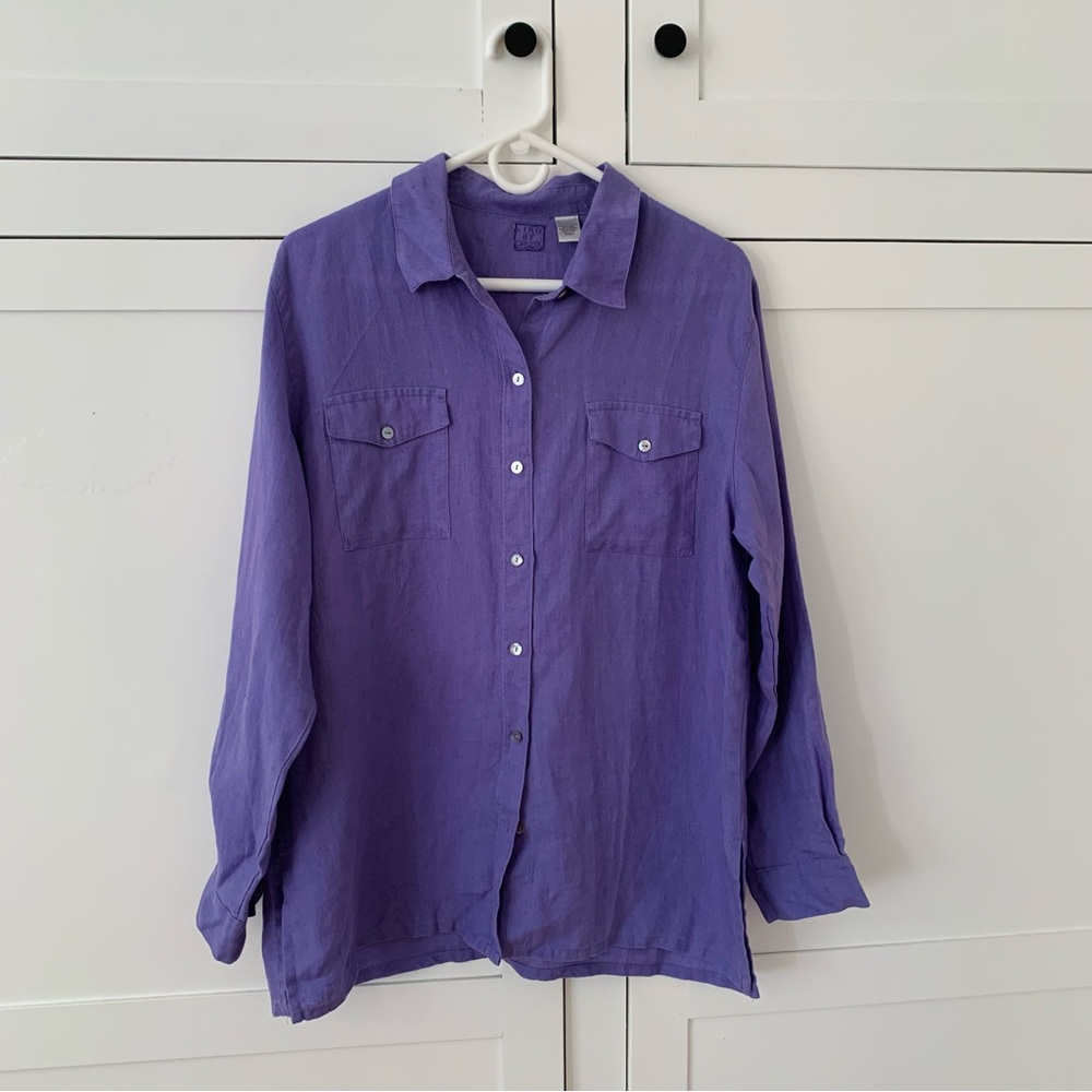 Chico’s Linen Purple Button Pocket Shirt Size Large
